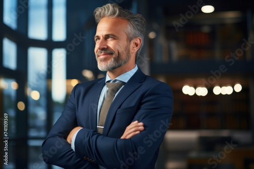 Mature middle-aged businessman wearing a suit standing in the arms of the office, looking away thinking about success, leadership, side view