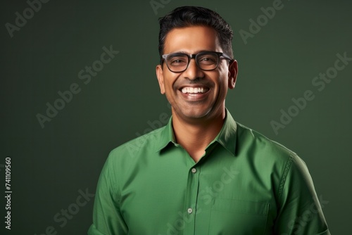 Happy smiling middle-aged businessman Confident professional businessman wearing colored shirt on gray background Advertising glasses lenses