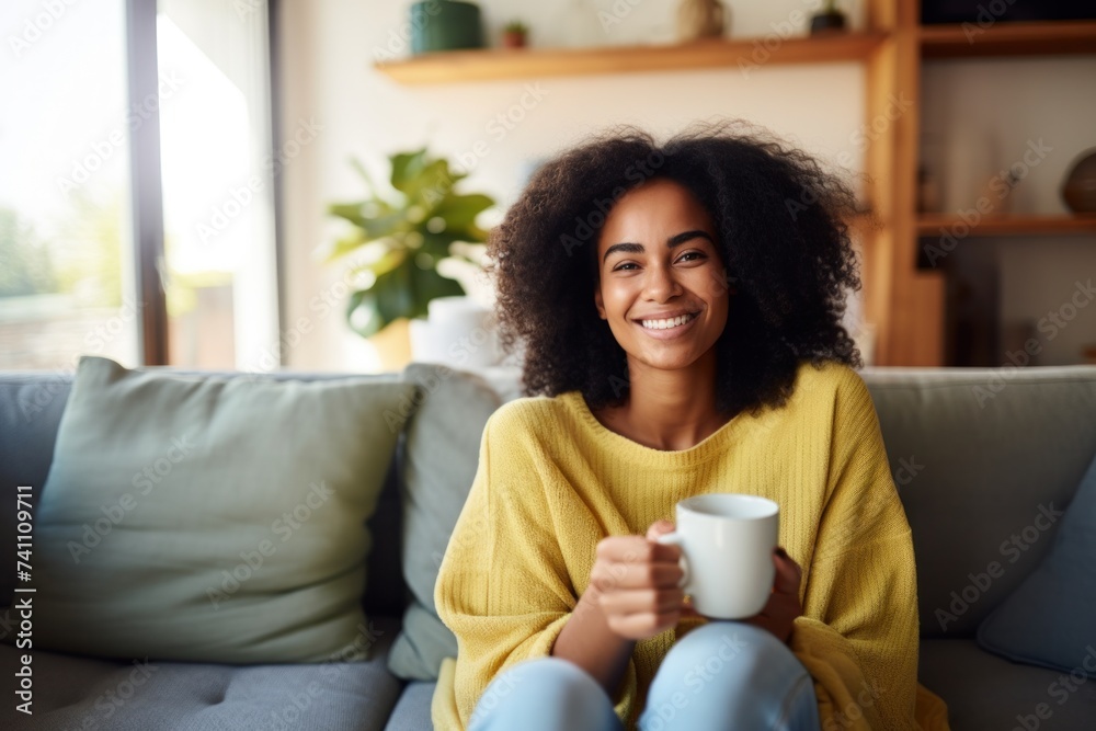 Happy young African woman sitting on a comfortable sofa in the living room at home. Beautiful smiling woman drinking coffee relaxing on the sofa