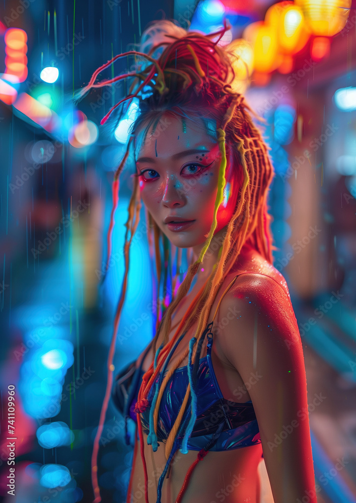 Portrait of an asian woman at night.
