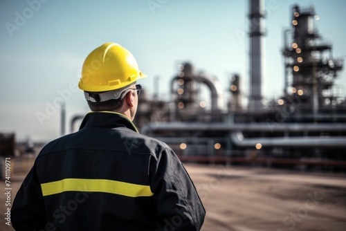 Refinery workers in protective clothing and yellow hard hats work in the petrochemical industry. Outdoors.