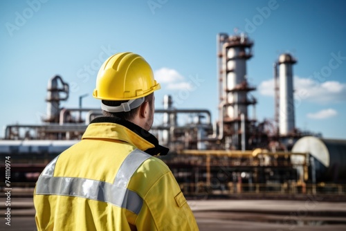 Refinery workers in protective clothing and yellow hard hats work in the petrochemical industry. Outdoors.
