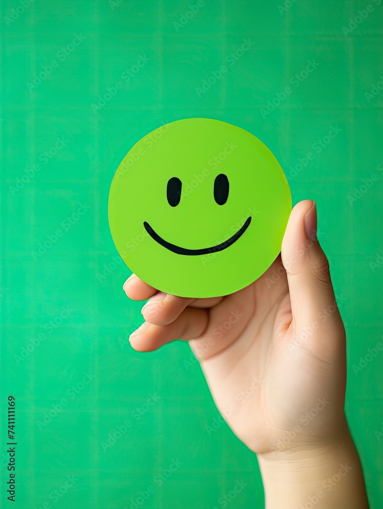 Hand holding green paper cut happy smile face on green background , positive thinking, mental health assessment , world mental health day concept - generative ai Hand holding green paper cut happy smile face on green background , positive thinking, mental health assessment , world mental health day concept - generative ai