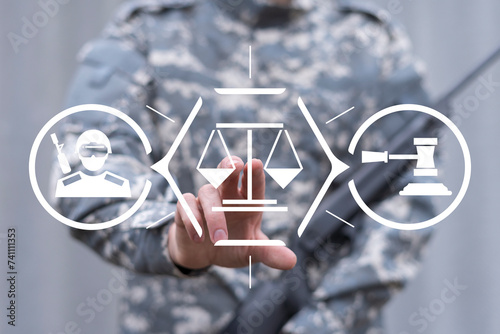 Soldier using virtual touch screen presses icon: scales of the law. Laws and Customs of War. Court Martial War Crimes. Military rules.