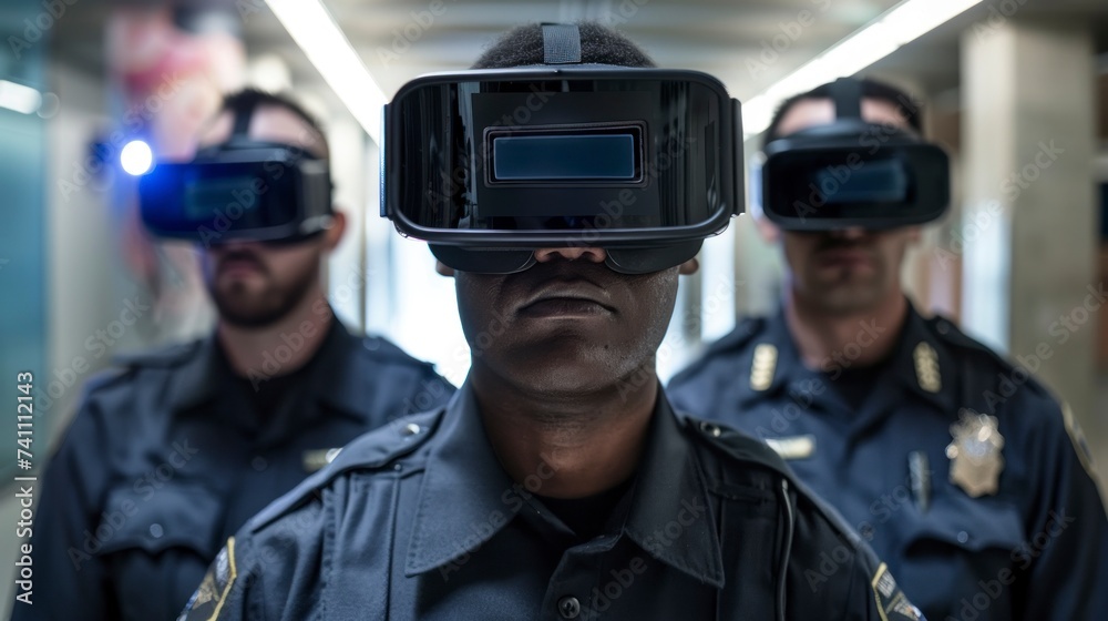 American police officers with virtual reality glasses in an office in high definition and quality American police officers with virtual reality glasses in an office in high definition and quality