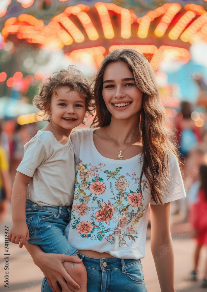 Fototapeta premium happy mother and child in an amusement park, family, children, parent, young woman, baby, kid, time together, weekend, holiday, walk, mother's day, childhood, toddler, city, street, carousel