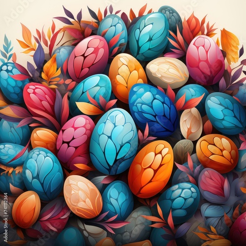 a pile of colorful eggs with leaves on them