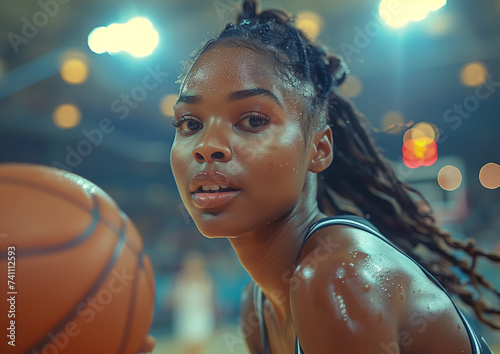 Portrait of a Young African Woman Basketball Athlete while playing basketball in a match.
