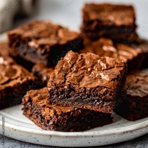 A close-up photo of beautifully baked and plated brownies.