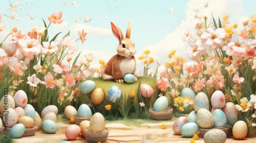 a bunny is sitting on top of a hill surrounded by easter eggs and flowers. Easter