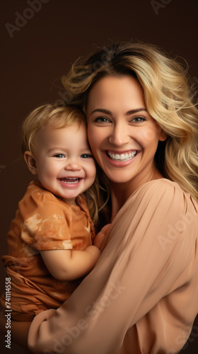 beautiful young blonde mother hugging a small smiling baby on a beige background, studio, portrait, children, woman, child, toddler, kid, place for text, parent, family, mother's day