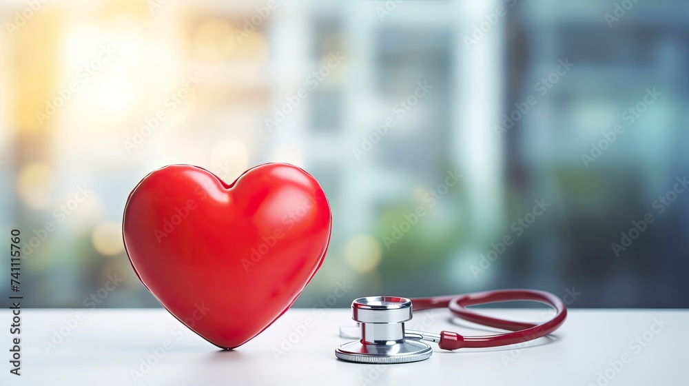 Red heart love shape hand exercise ball with doctor physician's stethoscope on hospital background: Hospital life insurance concept: World heart health day. doctor day - generative ai Red heart love shape hand exercise ball with doctor physician's stethoscope on hospital background: Hospital life insurance concept: World heart health day. doctor day - generative ai