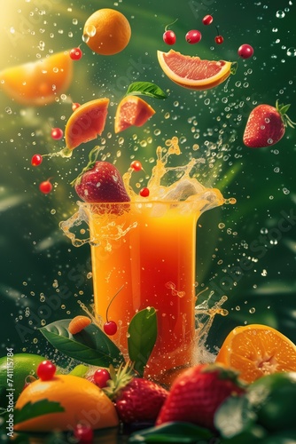 Fruit juice full of fresh fruits splashing into the glass