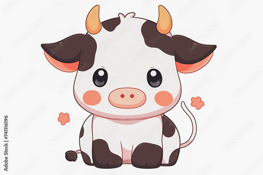 Fototapeta premium Cute little spotted cow with big kind eyes on a white background