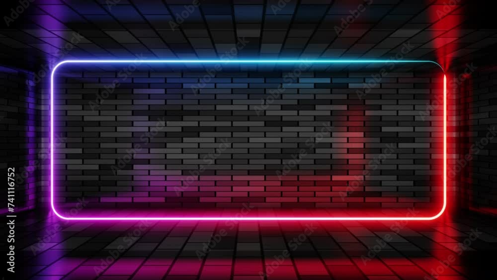Neon frame red and cyan lights motion loops square on brick wall background 3d render. Neon speech bubble overlay. Text box design element. Seamless edging glow neon rectangle