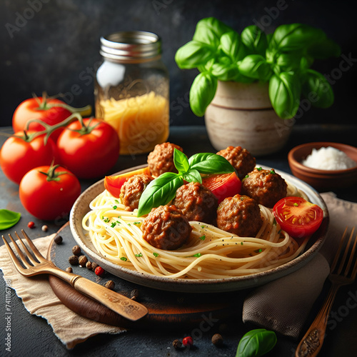Delicious Plate of Spaghetti & Meatballs Pasta Dinner with a Basil Garnish with Fresh Tomatoes on the Vine Next to Mason Jar in the Background with Dark Background. Butter Sauce. American Italian Food