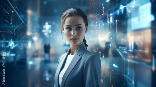 Woman in suit standing in technology network space blurred background