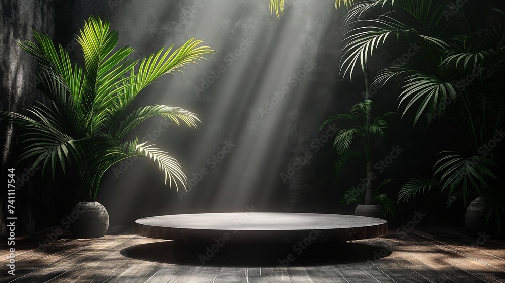 3d render mockup podium stand table shelf. Black white abstract background. Palm tree leaf shadow. Nature. Dark gray. Design beauty product cosmetics. Wall stage room studio. Design concept. Creative 3d render mockup podium stand table shelf. Black white abstract background. Palm tree leaf shadow. Nature. Dark gray. Design beauty product cosmetics. Wall stage room studio. Design concept. Creative