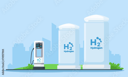 the concept of a hydrogen charging station with a hydrogen gas tank storage flat illustration. Sustainable power plants for a clean earth environment. Hydrogen electric car and h2 fuel