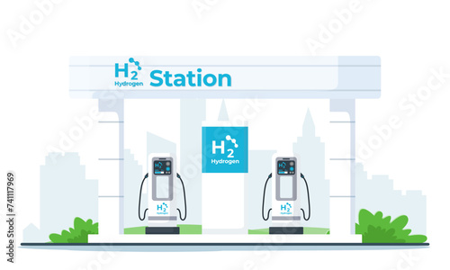 Hydrogen refueling station with two dispensers for H2 vehicles.  Illustration of the concept of fuel cell electric vehicles and hydrogen-powered transportation. Green energy flat illustration isolated