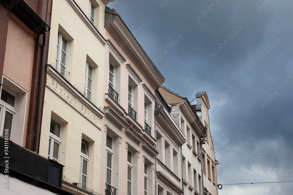 Selective blur on typical german vintage facades, in the city center of Dusseldorf, also called altstadt, used for residential purposes, recently renovated. Dusseldorf is a major german city.