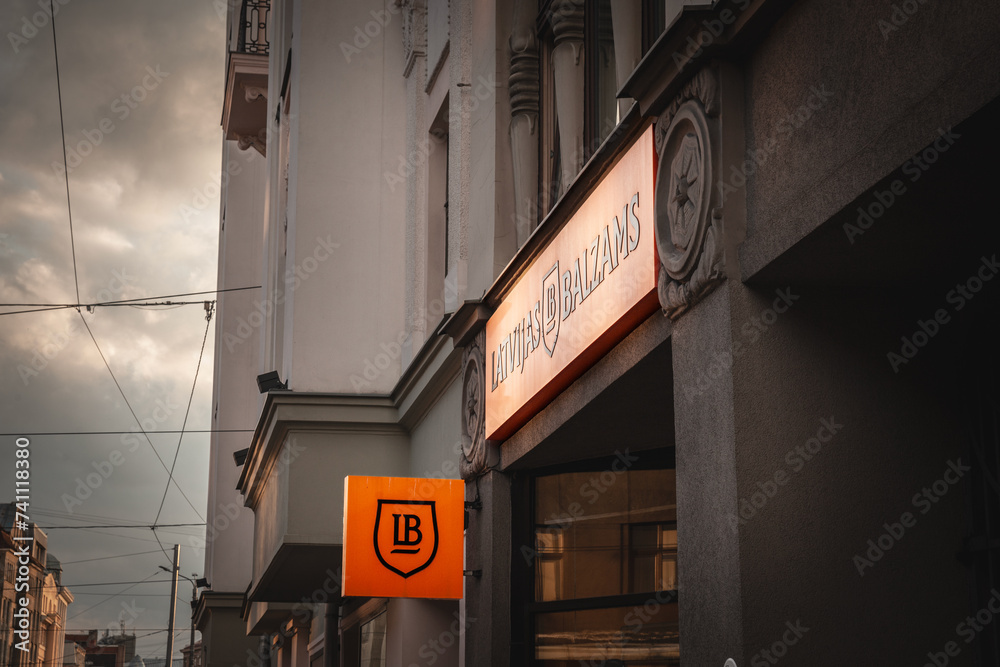 RIGA, AUGUST 24, 2023: Latvijas Balzams logo on their store for Riga ...