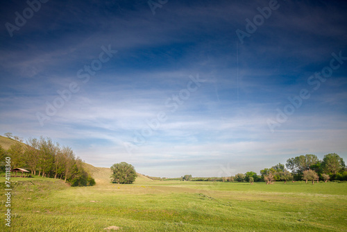 Panorama of Titelski breg  or titel hill  in Vojvodina  Serbia  with a countryside grassfield  in an agricultural landscape with blue sky.