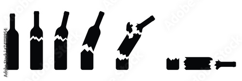 Broken glass wine bottle vector illustration. Bottle cracked into two halves. Glass trash. Garbage recycle concept. Icon set.