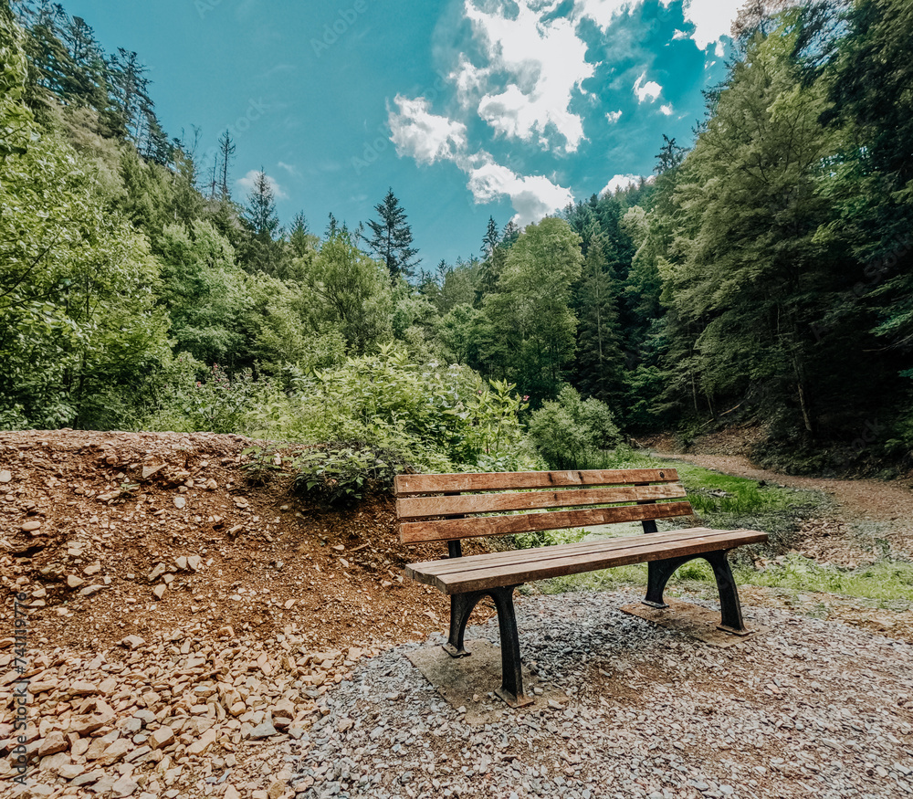 Empty wooden park bench rests next to a rocky trail deep within the Black Forest in Germany. Tall mountains, trees and spectacular views of nature surround the scene. Located in Breitnau, Germany.