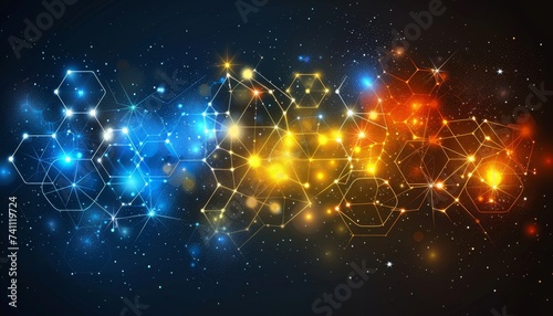 Radiant neon hexagons on dark backdrop, perfect for modern design projects and backgrounds