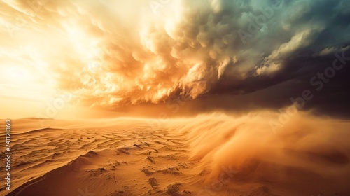 A massive sandstorm sweeps across a barren desert landscape at sunset., unreal world, apocalypse  © Margo_Alexa