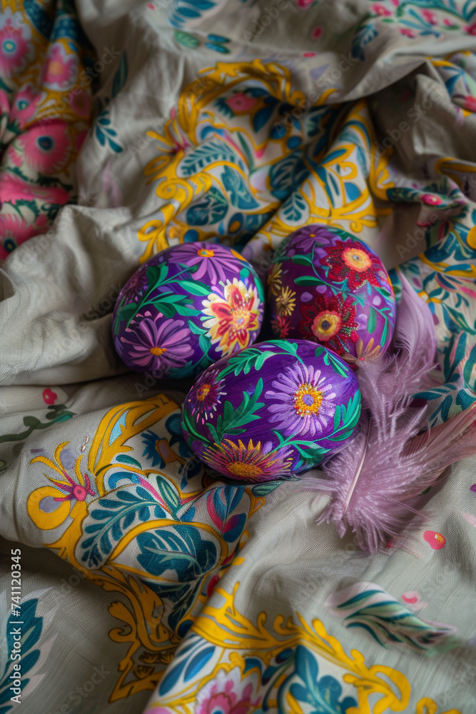 Colorful hand painted Easter eggs on retro fabric. The concept of Easter holidays, retro, handcraft, as it used to be.
