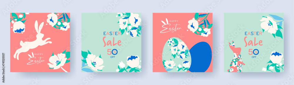 Set of Happy Easter greeting card with easter rabbit, eggs, roses, leaves, colorful floral bouquets, spring flowers compositions. Trendy posters, web banners, headers or covers for Happy Easter. 