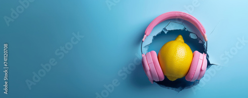 Summer fruit composition, lemon with pastel pink headphones and sunglasses on light pastel blue background. Party, fresh summer fruits, music, summer vibes.