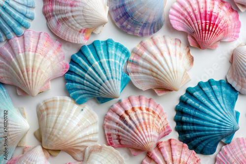 Seashells on abstract spectrum neon colors. Summer trendy colorful concept. Iridescent, holographic gradient, soft pastel colors backdrop.