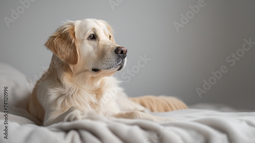 A cozy-looking dog wrapped in a chunky knit blanket. 