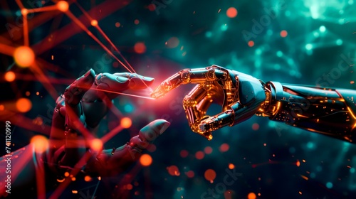 Touch of Creation. robots' hands are about to touch against a neon crystal lattice background