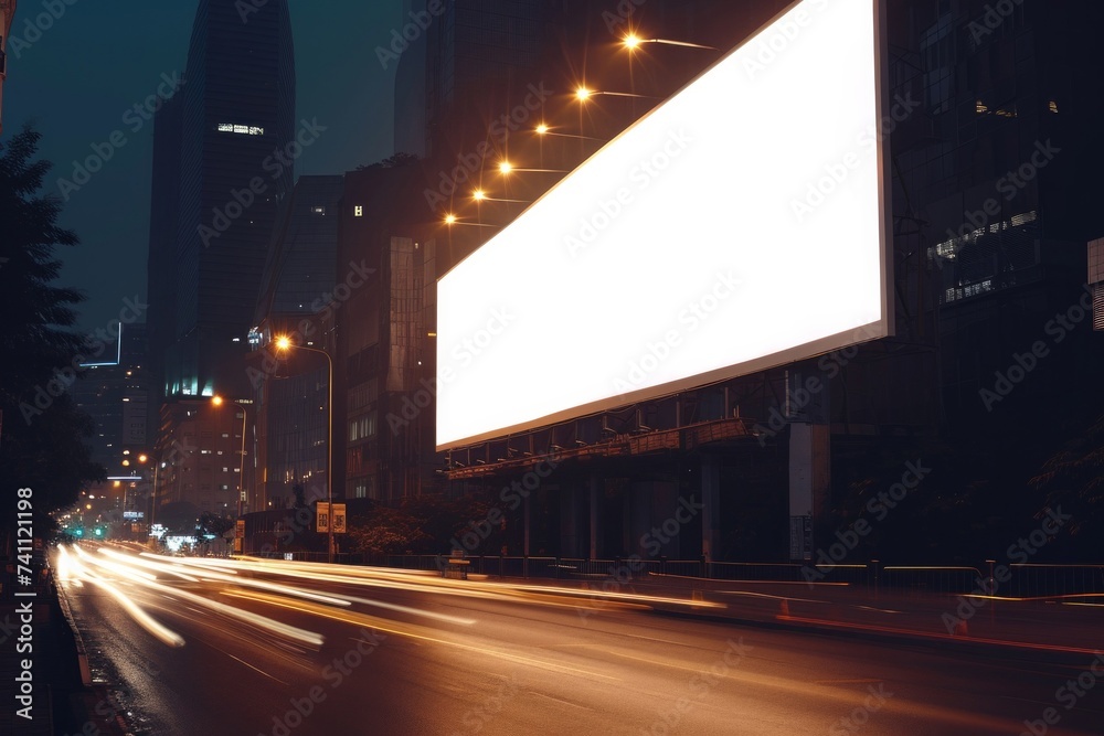 Blank billboard on city street at night with light trails