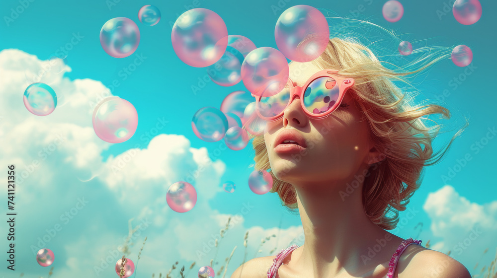 Fresh summer surreal composition with a beautiful blonde girl and a bright sunny blue sky and colorful soap bubbles in the background. Concept of happiness and relax. Fresh summer surreal composition with a beautiful blonde girl and a bright sunny blue sky and colorful soap bubbles in the background. Concept of happiness and relax.