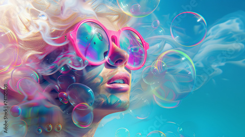 Fresh summer surreal composition with a beautiful blonde girl and a bright sunny blue sky and colorful soap bubbles in the background. Concept of happiness and relax.
