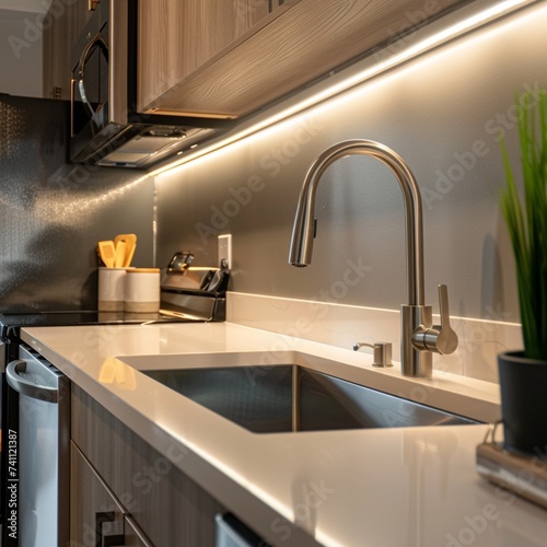 kitchen space with sleek countertops, stainless steel appliances, and soft under-cabinet lighting