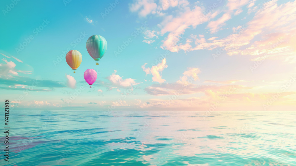 Fototapeta premium Sea, clear sky and beach in bright turquoise and pink shades. A surreal summer scene.