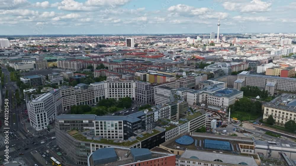 Aerial Drone shot of Leipziger Platz in the center of Berlin , It is located along Leipziger Straße just east of and adjacent to the Potsdamer Platz . Aerial Drone shot of Leipziger Platz in the center of Berlin , It is located along Leipziger Straße just east of and adjacent to the Potsdamer Platz .