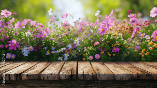 Spring summer soft background with flowers and wooden table for product presentation