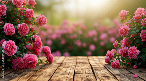 Spring summer soft background with flowers and wooden table for product presentation © stock_acc