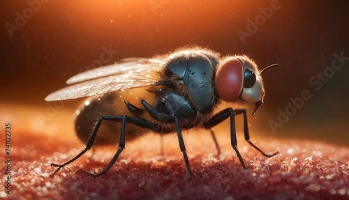 Macro photography of an arthropod, invertebrate fly with membrane wings on a red surface, showcasing a detailed view of the pest as a pollinator or parasite