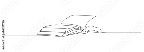 One continuous line drawing of Opened book. Education in school and library studying in simple linear style.Writing draft business in Editable stroke. Doodle vector illustration