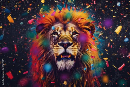 lion surrounded by colorful confetti