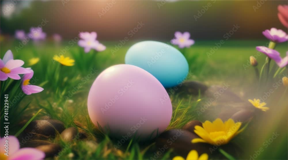 Easter eggs scattered in vibrant green grass amidst colorful flowers, celebrating the joy of spring Easter eggs scattered in vibrant green grass amidst colorful flowers, celebrating the joy of spring