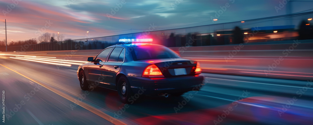 Police car traveling on a highway at twilight with lights on